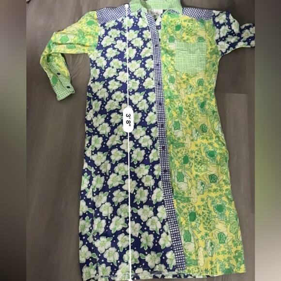 White Label Lilly Pulitzer Blue & Green Patchwork Button Front Shirt Dress Sz M - Picture 12 of 12